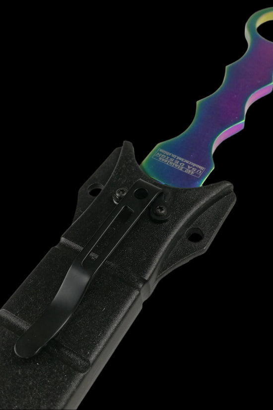 Falcon rainbow Fixed Blade Tactical knife with colorful blade partially sheathed in black case