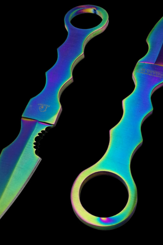 Falcon rainbow Fixed Blade Tactical knife showing dual iridescent blades with finger loops on black background