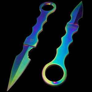 Falcon rainbow Fixed Blade Tactical knife showing dual iridescent blades with finger loops on black background