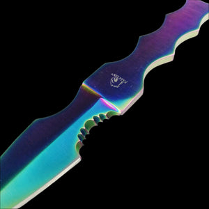 Close-up of Falcon rainbow Fixed Blade Tactical knife with iridescent metallic finish and serrated edge