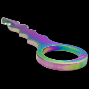 Close-up of Falcon rainbow Fixed Blade Tactical knife with iridescent finish and ergonomic ring handle