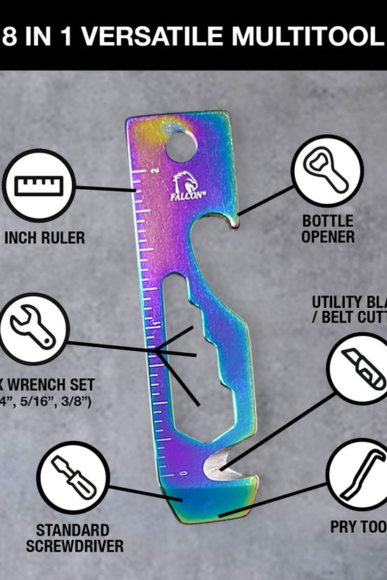 Falcon Rainbow Multi-Tool - 2.7 inch 8-in-1 Multi-Tool Keychain with ruler bottle opener wrench screwdriver cutter pry tool