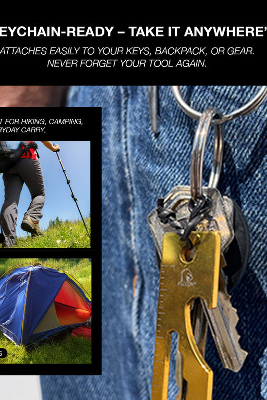 Falcon Rainbow Multi-Tool - 2.7 inch 8-in-1 Multi-Tool Keychain attached to keys on denim pocket perfect for hiking and camping