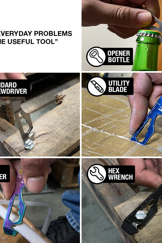 Falcon Rainbow Multi-Tool - 2.7 8-in-1 Multi-Tool Keychain showing bottle opener, screwdriver, utility blade, belt cutter, and hex wrench functions
