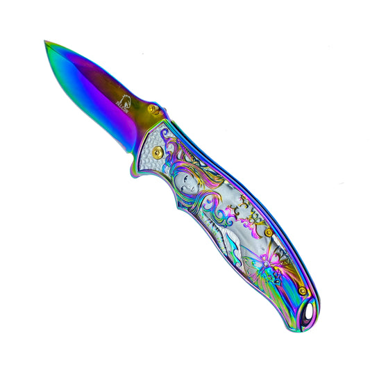 Falcon Rainbow Spring Assisted Knife w 3D Mermaid featuring a vibrant multi-colored blade and intricate design
