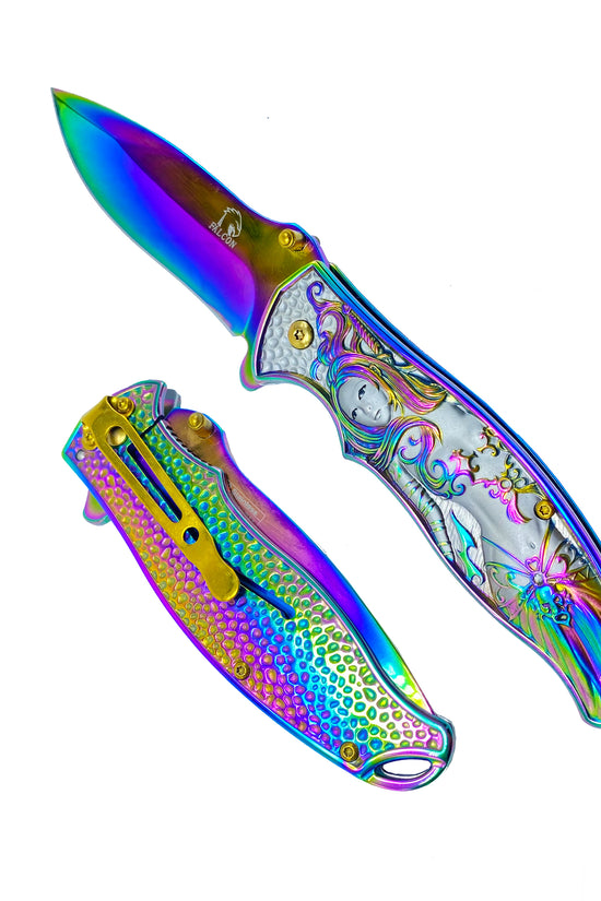 Falcon Rainbow Spring Assisted Knife w 3D Mermaid featuring a colorful blade and ergonomic handle design