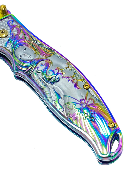 Falcon Rainbow Spring Assisted Knife w 3D Mermaid featuring a colorful handle design and detailed artwork