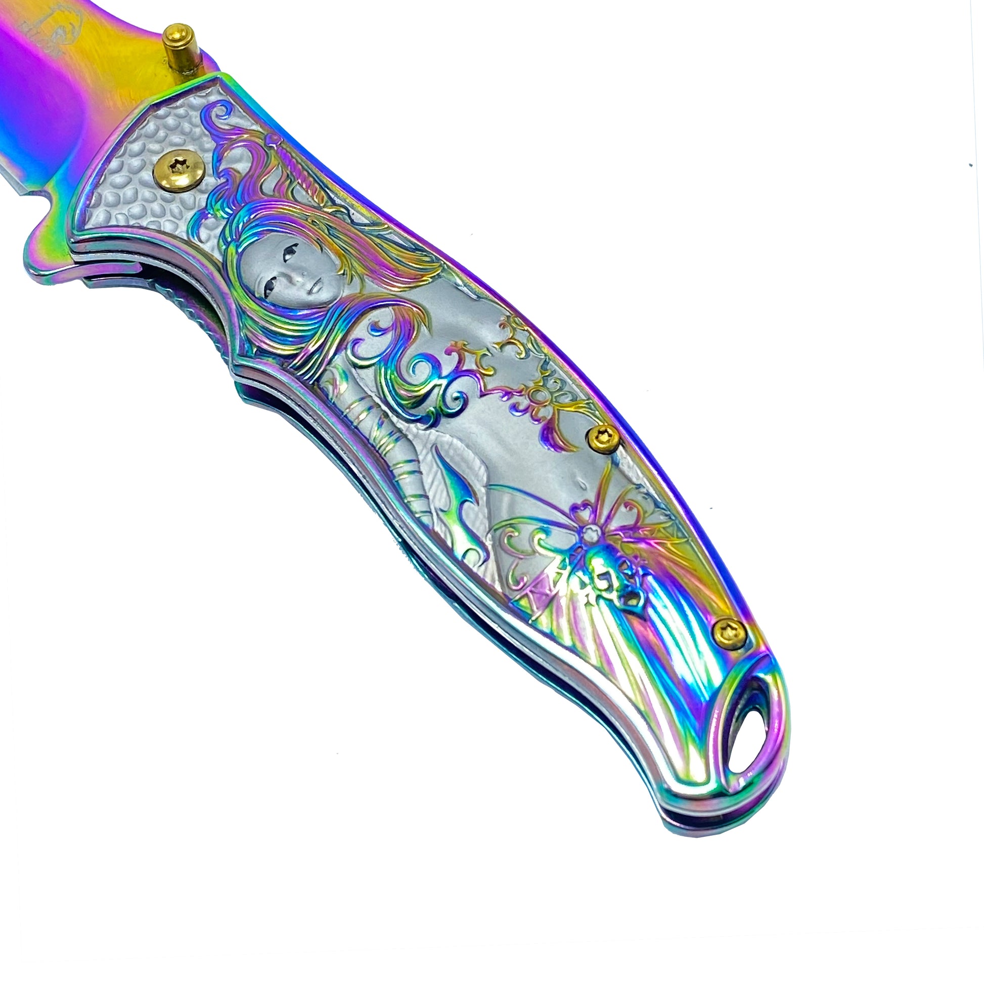 Falcon Rainbow Spring Assisted Knife w 3D Mermaid featuring a colorful handle design and detailed artwork
