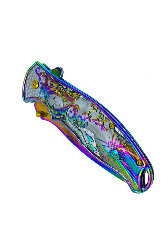 Falcon Rainbow Spring Assisted Knife w 3D Mermaid featuring a colorful design and durable handle