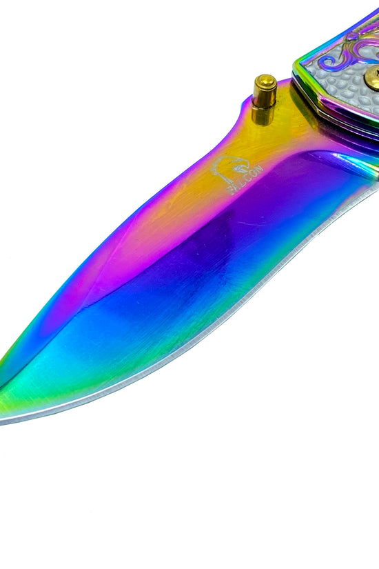 Falcon Rainbow Spring Assisted Knife w 3D Mermaid featuring a colorful blade and ergonomic handle