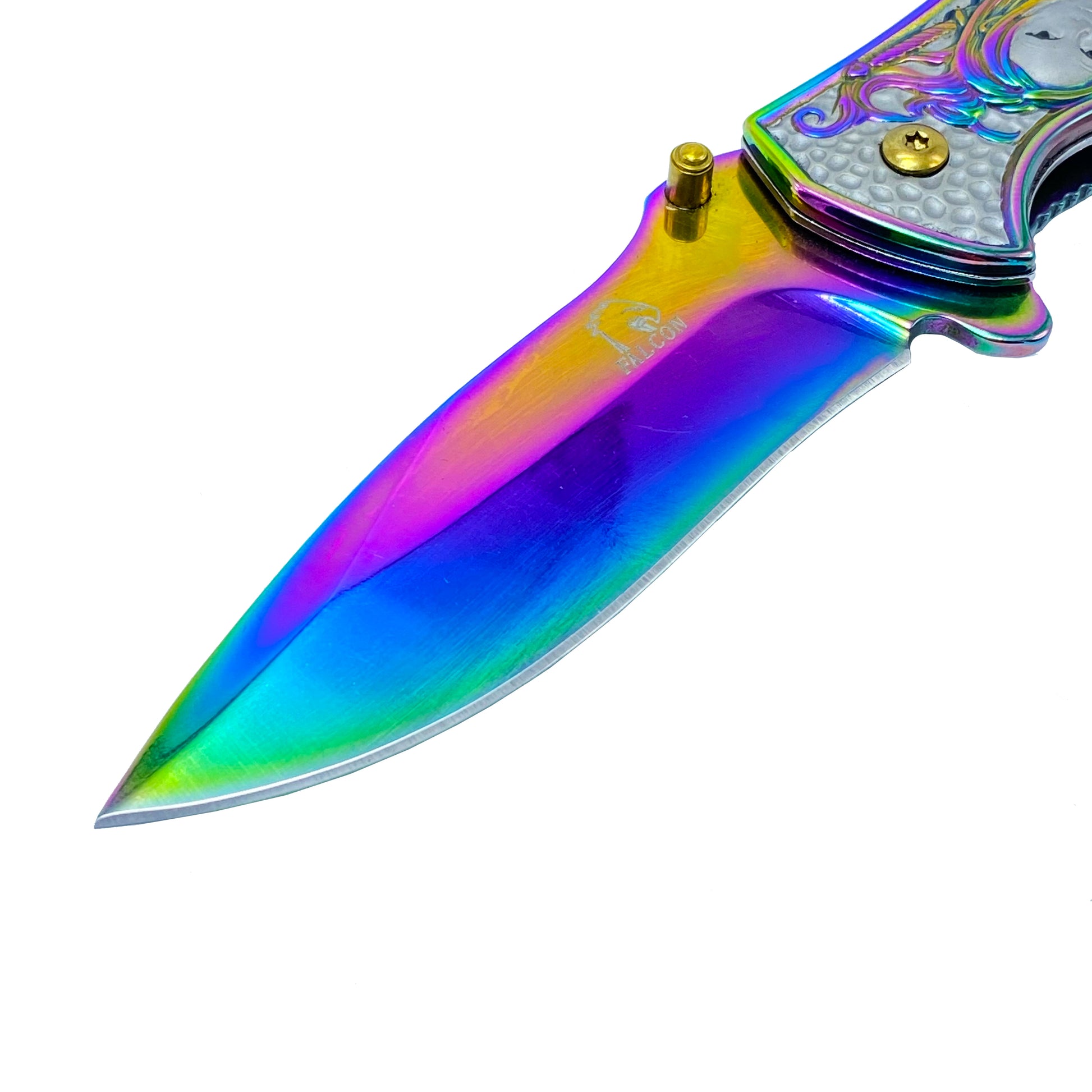 Falcon Rainbow Spring Assisted Knife w 3D Mermaid featuring a colorful blade and ergonomic handle