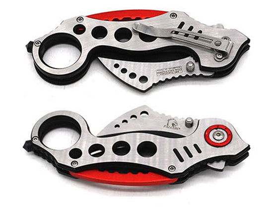 Falcon Red Karambit Spring Assisted Knife with a sleek stainless steel design and ergonomic grip