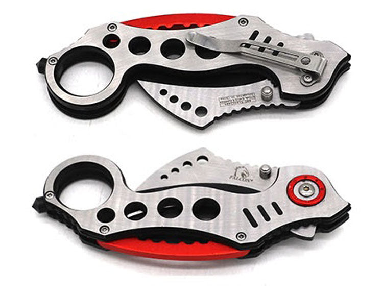 Falcon Red Karambit Spring Assisted Knife with a sleek stainless steel design and ergonomic grip