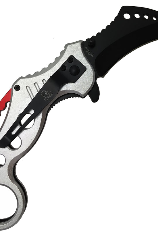 Falcon Silver and Red Karambit Spring Assisted Pocket Knife with ergonomic handle and curved blade