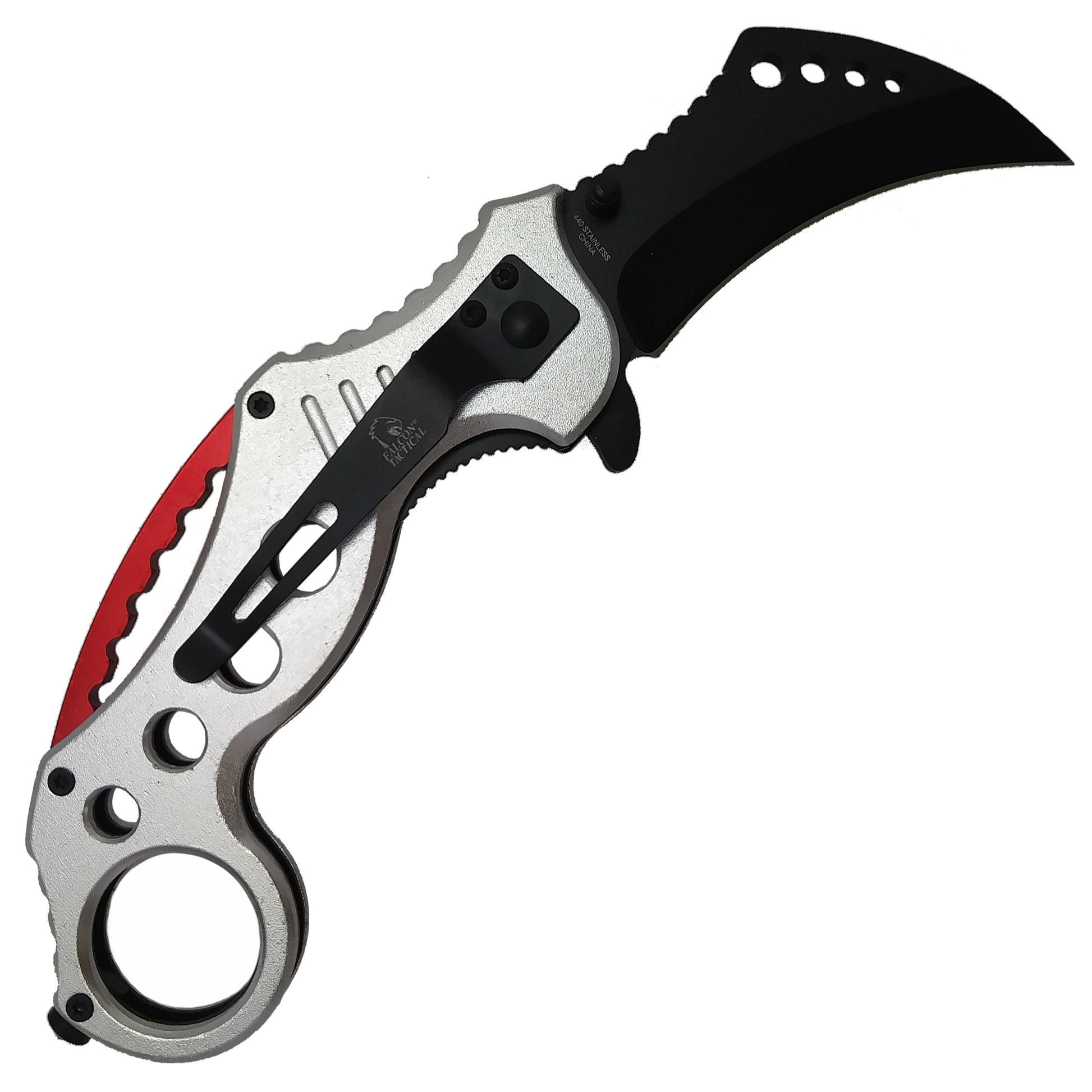 Falcon Silver and Red Karambit Spring Assisted Pocket Knife with ergonomic handle and curved blade