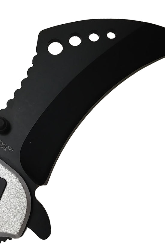 Falcon Silver and Red Karambit Spring Assisted Pocket Knife with curved blade and ergonomic handle