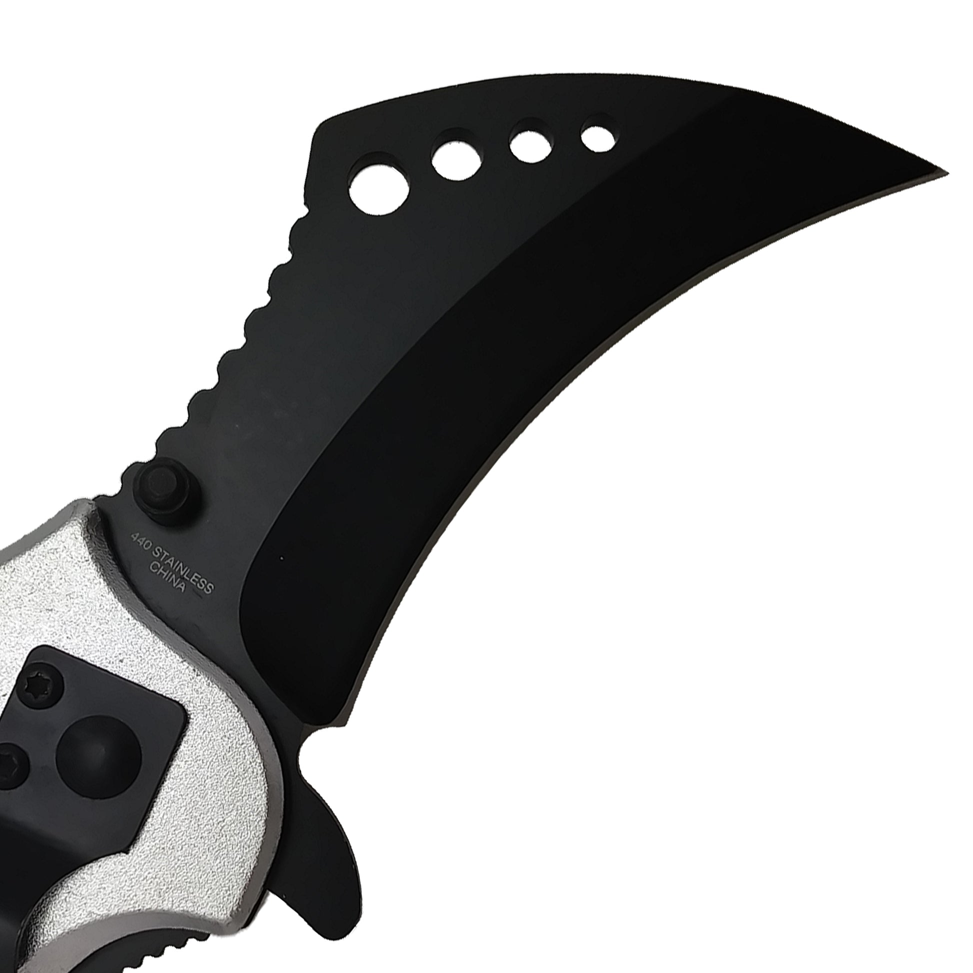Falcon Silver and Red Karambit Spring Assisted Pocket Knife with curved blade and ergonomic handle
