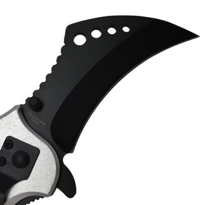 Falcon Silver and Red Karambit Spring Assisted Pocket Knife with curved blade and ergonomic handle