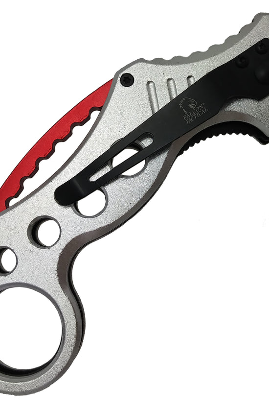 Falcon Silver and Red Karambit Spring Assisted Pocket Knife with ergonomic handle and durable blade