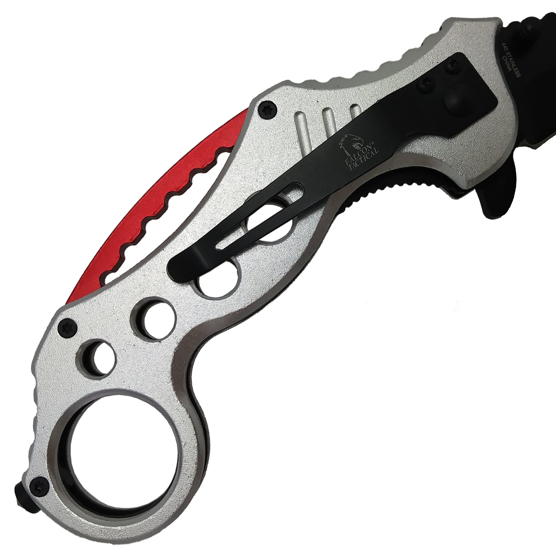 Falcon Silver and Red Karambit Spring Assisted Pocket Knife with ergonomic handle and durable blade