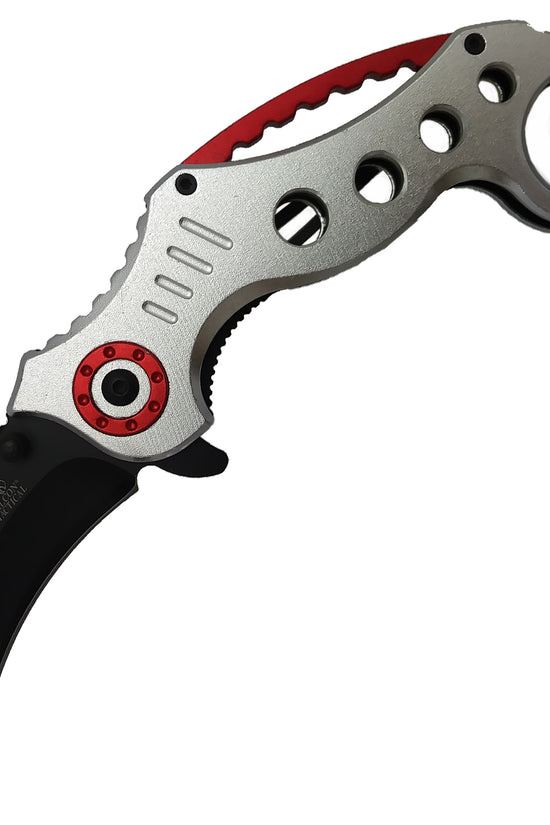 Falcon Silver and Red Karambit Spring Assisted Pocket Knife with ergonomic handle and sharp blade