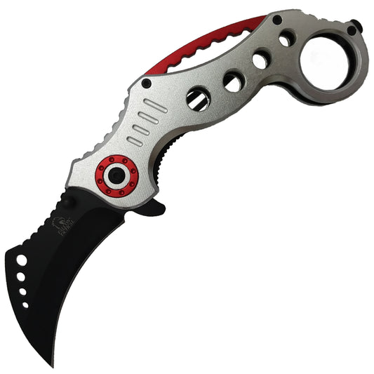 Falcon Silver and Red Karambit Spring Assisted Pocket Knife with ergonomic handle and sharp blade