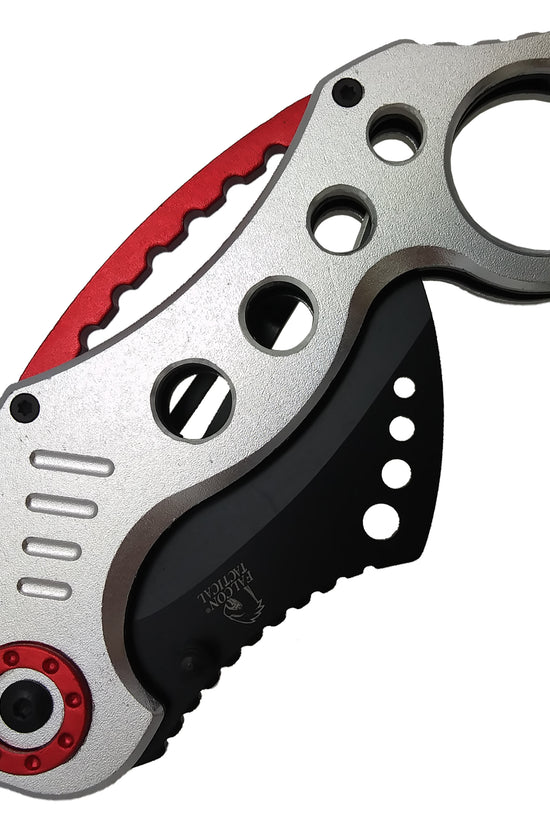 Falcon Silver and Red Karambit Spring Assisted Pocket Knife with ergonomic design and sharp blade