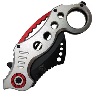 Falcon Silver and Red Karambit Spring Assisted Pocket Knife with ergonomic design and sharp blade
