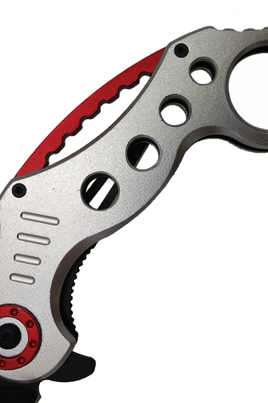 Falcon Silver and Red Karambit Spring Assisted Pocket Knife with ergonomic handle design
