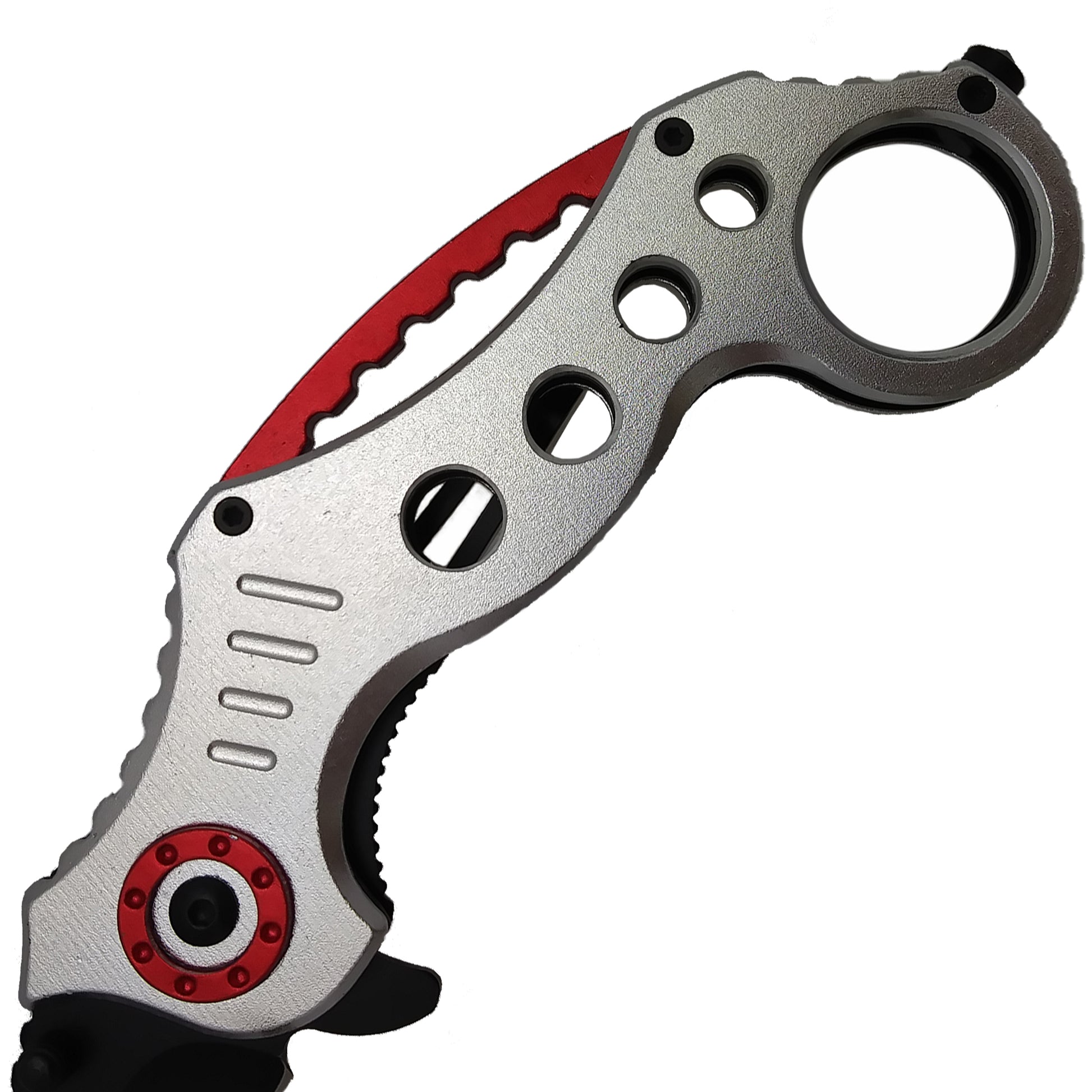 Falcon Silver and Red Karambit Spring Assisted Pocket Knife with ergonomic handle design