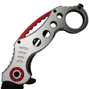 Falcon Silver and Red Karambit Spring Assisted Pocket Knife with ergonomic handle design