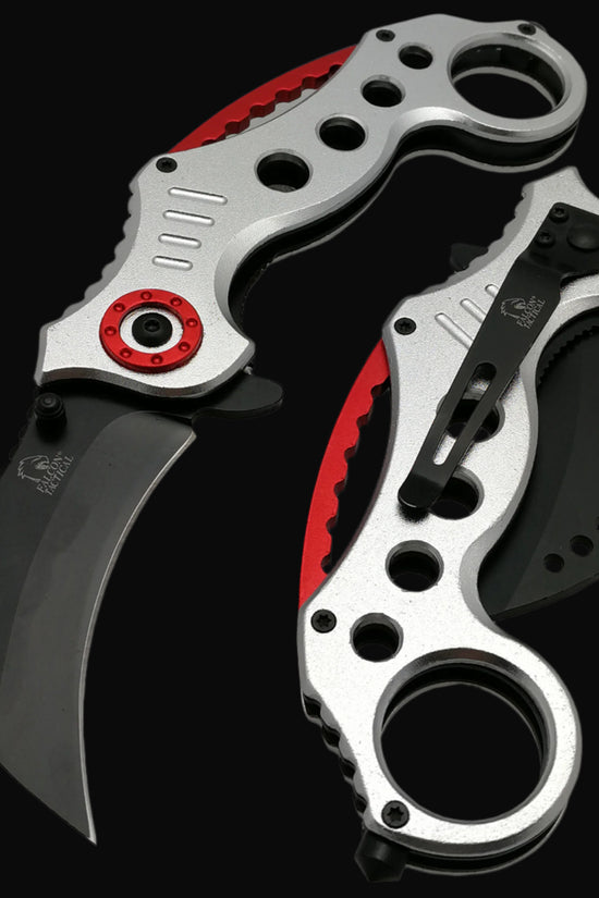 Falcon Silver and Red Karambit Spring Assisted Pocket Knife with ergonomic grip and durable blade design