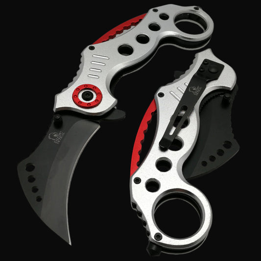 Falcon Silver and Red Karambit Spring Assisted Pocket Knife with ergonomic grip and durable blade design