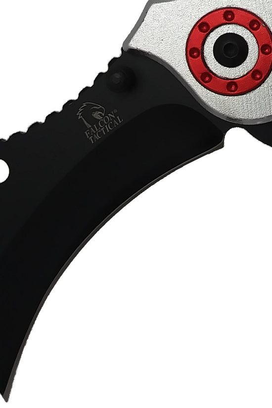 Falcon Silver and Red Karambit Spring Assisted Pocket Knife with sleek design and ergonomic grip