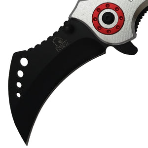 Falcon Silver and Red Karambit Spring Assisted Pocket Knife with sleek design and ergonomic grip