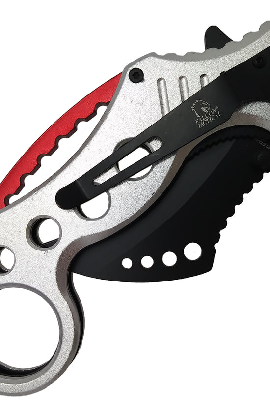 Falcon Silver and Red Karambit Spring Assisted Pocket Knife with a sleek design and ergonomic grip