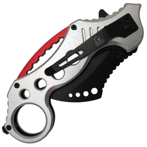 Falcon Silver and Red Karambit Spring Assisted Pocket Knife with a sleek design and ergonomic grip