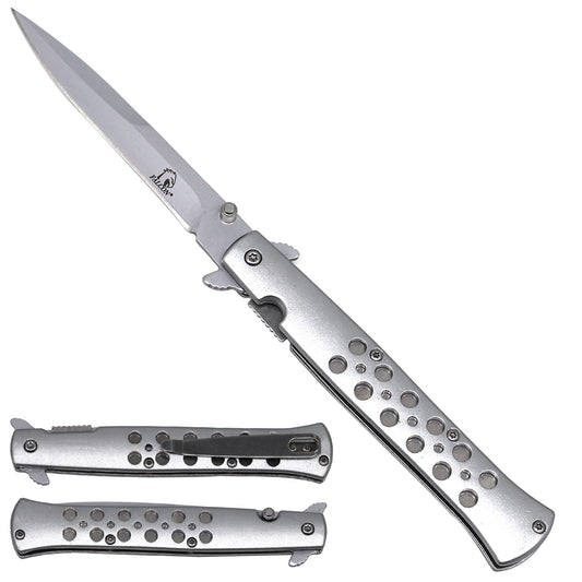 Falcon Silver Stiletto Spring Assisted Pocket Knife with sleek design and easy one-hand opening mechanism