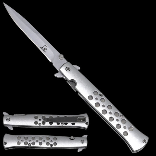 Falcon Silver Stiletto Spring Assisted Pocket Knife with Durable Steel Blade and Ergonomic Handle