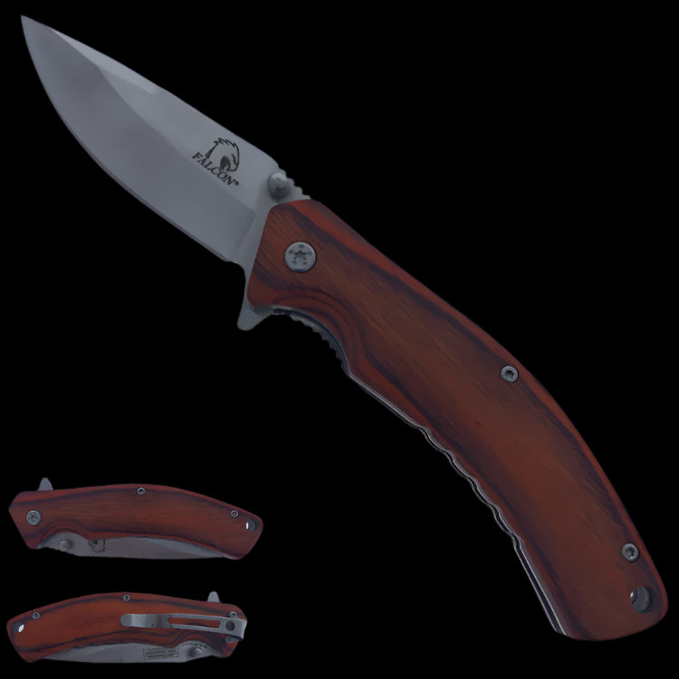 Falcon spring assisted everyday carry wood handle knife with stainless steel blade and ergonomic design