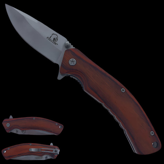 Falcon spring assisted everyday carry wood handle knife with stainless steel blade and ergonomic design
