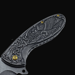 Guild Arms spring assisted falcon knife pocket knife with detailed falcon and floral engraved handle