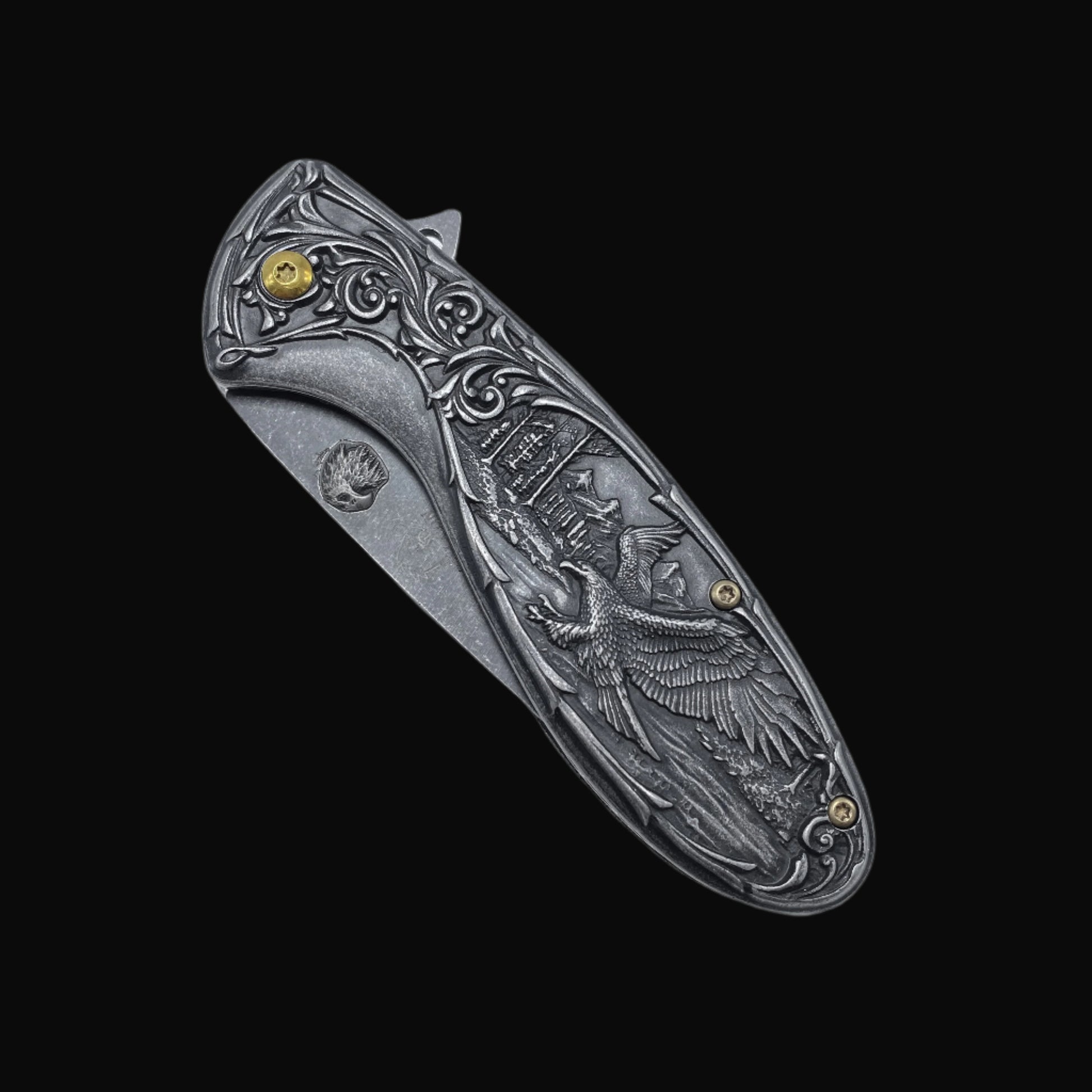 Guild Arms spring assisted falcon knife pocket knife with detailed eagle engraving on handle
