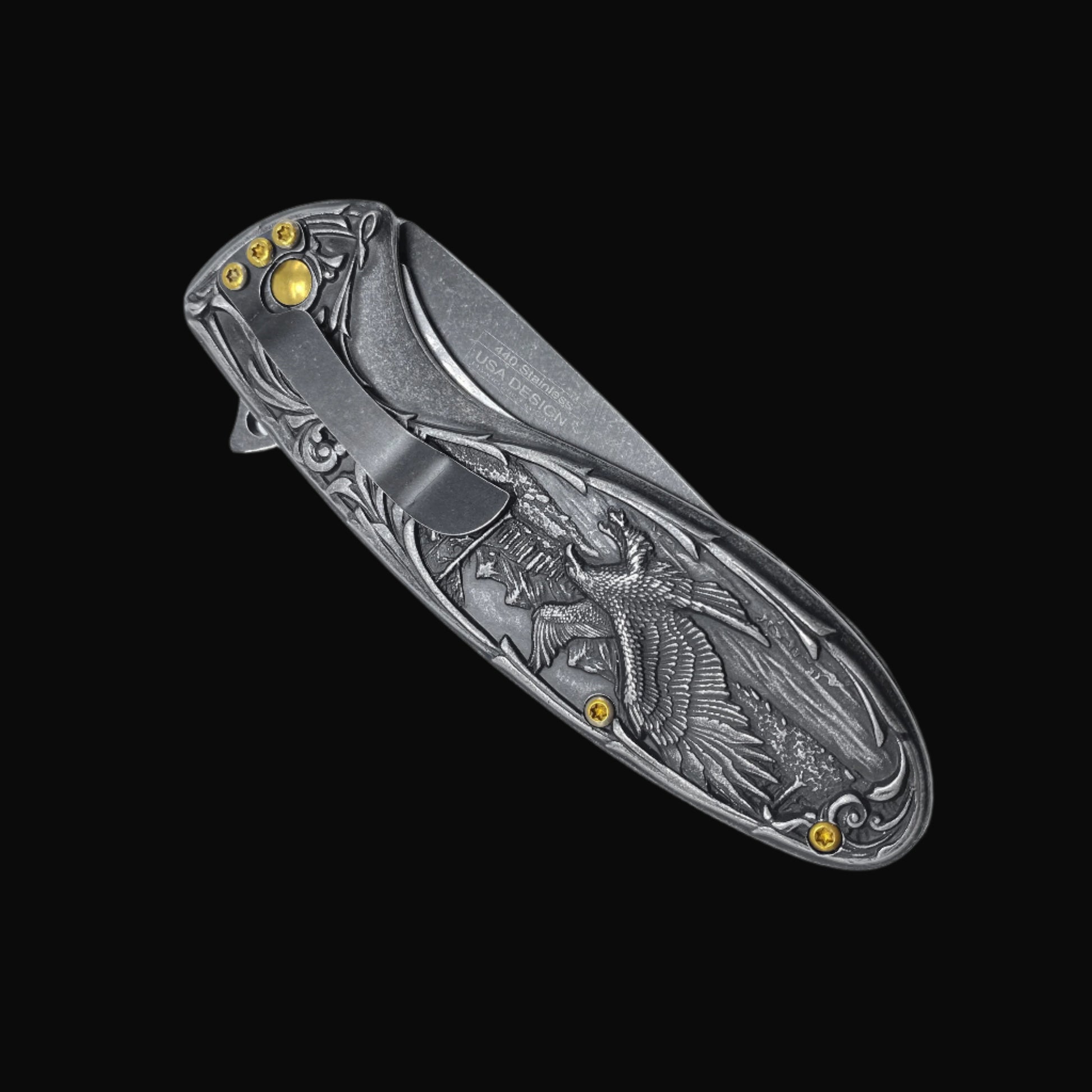 Guild Arms spring assisted falcon knife with detailed engraved falcon design on the closed pocket knife handle