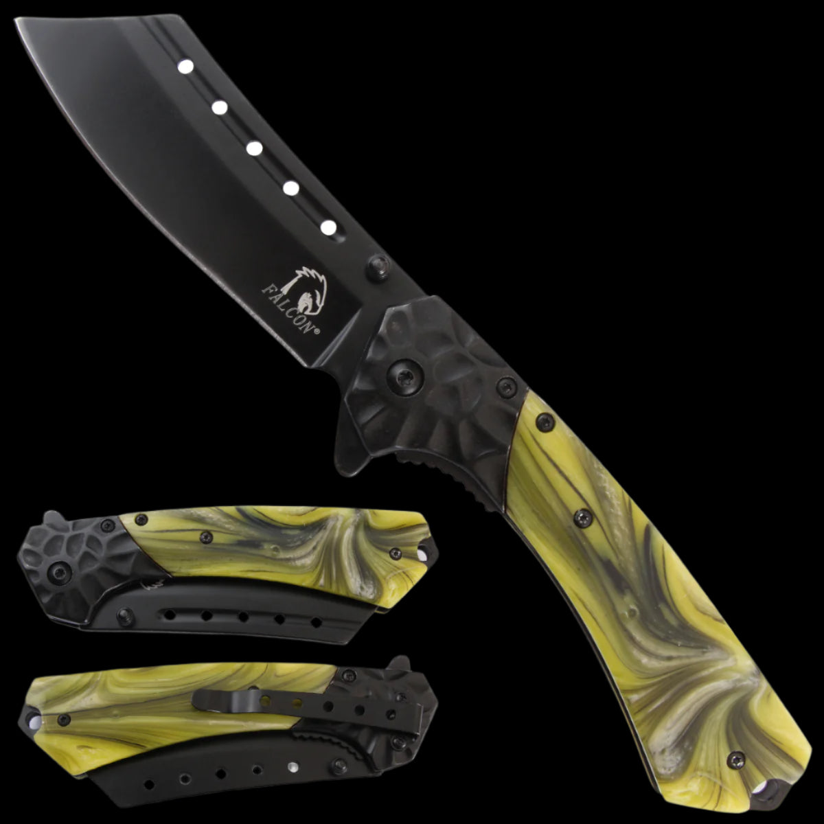 Falcon Spring Assisted Knife for sale with black blade and yellow marbled handle pocket knife