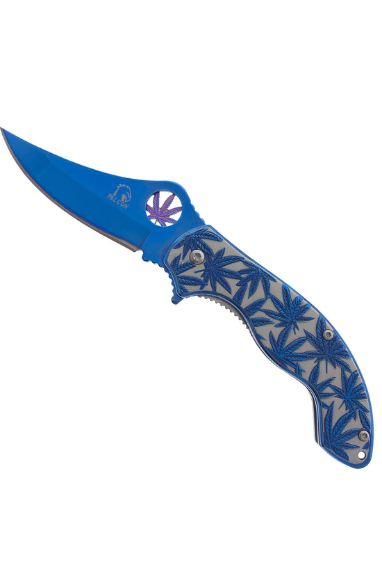 Falcon Spring Assisted Knife w/ Blue ABS Marijuana Design featuring a sharp blade and ergonomic grip