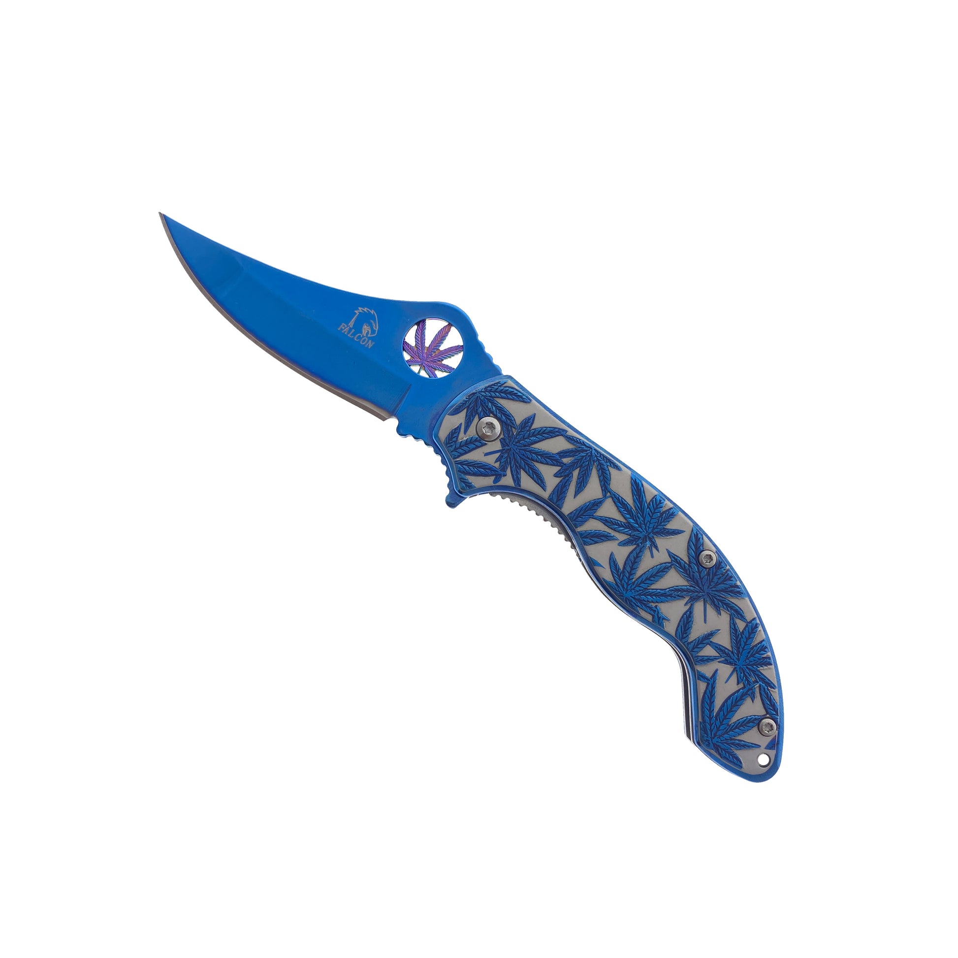 Falcon Spring Assisted Knife w/ Blue ABS Marijuana Design featuring a sharp blade and ergonomic grip
