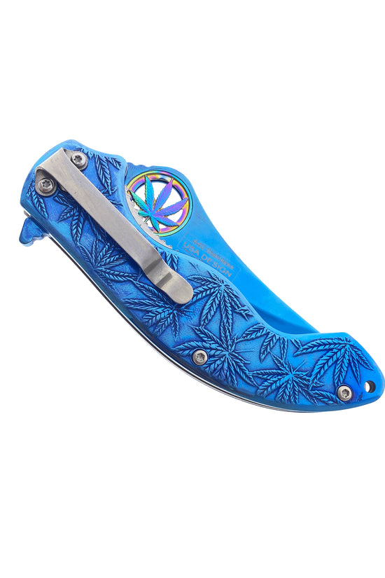 Falcon Spring Assisted Knife w/ Blue ABS Marijuana Design featuring a sleek and vibrant blade