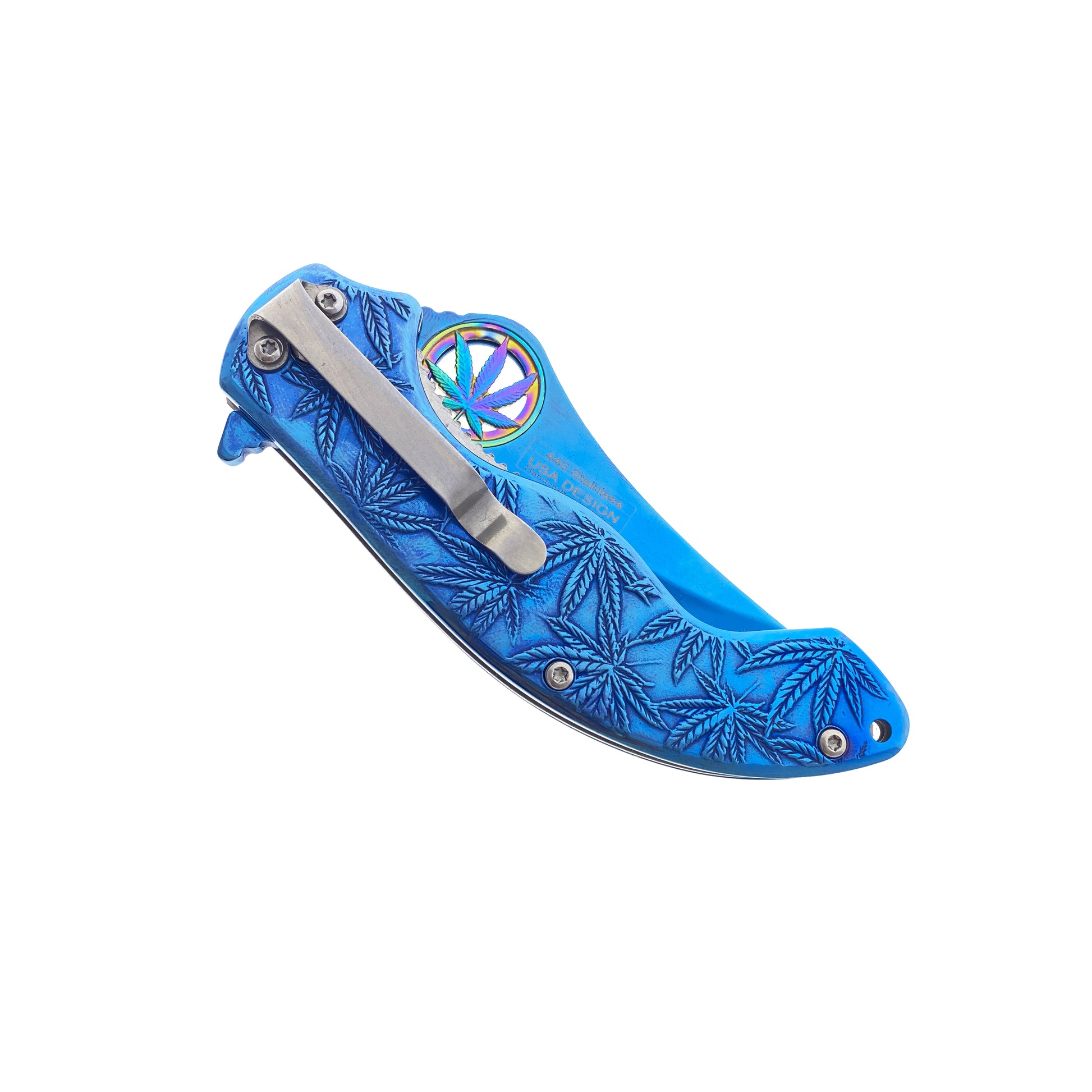 Falcon Spring Assisted Knife w/ Blue ABS Marijuana Design featuring a sleek and vibrant blade
