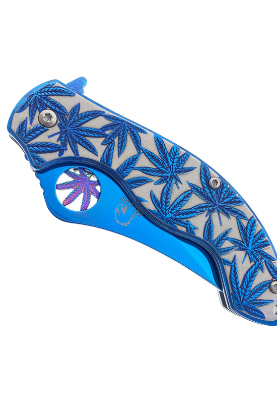 Falcon Spring Assisted Knife w/ Blue ABS Marijuana Design featuring a sleek blue handle with leaf patterns